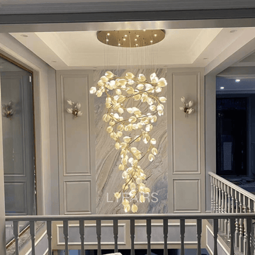Spiral Pure White Magnolia Chandelier with Golden Branches for Staircase/High - ceiling Space/Foyer/ Duplex - D31.5"*H70.9"/36.9KgWarm Lightcasivra