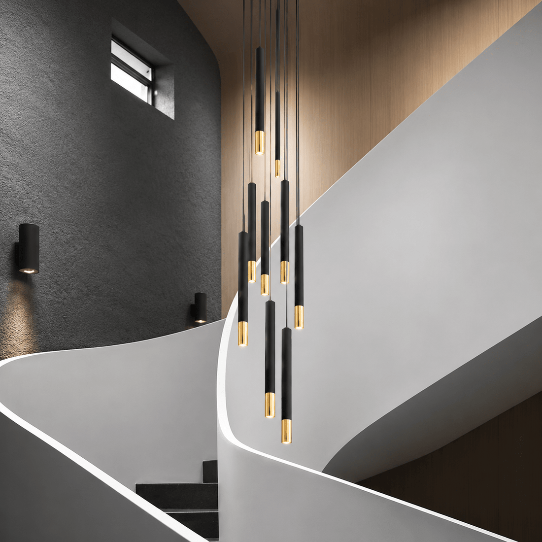 Linea black and gold LED tube chandelier full fixture view