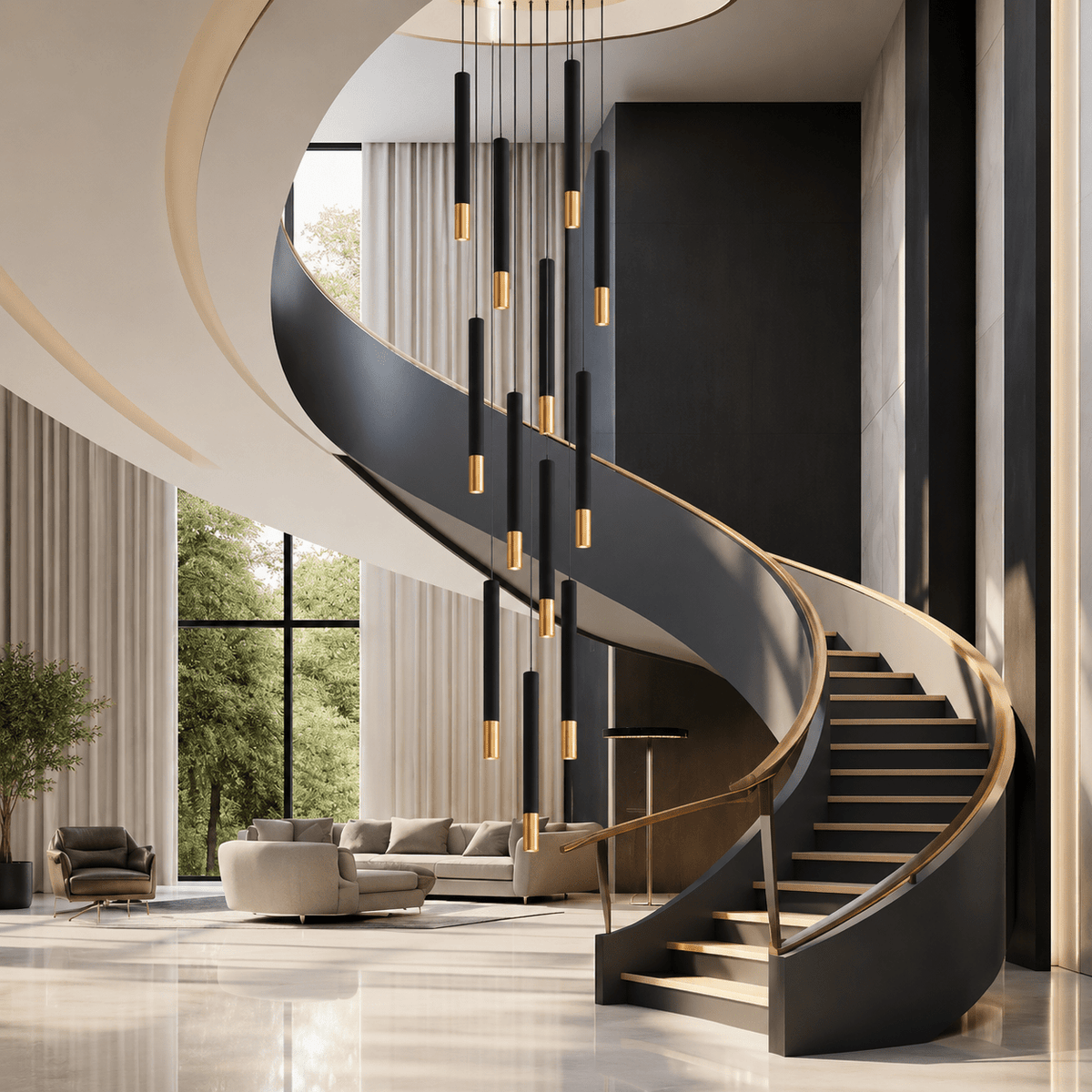 Detail of the Linea chandelier black and gold LED tubes