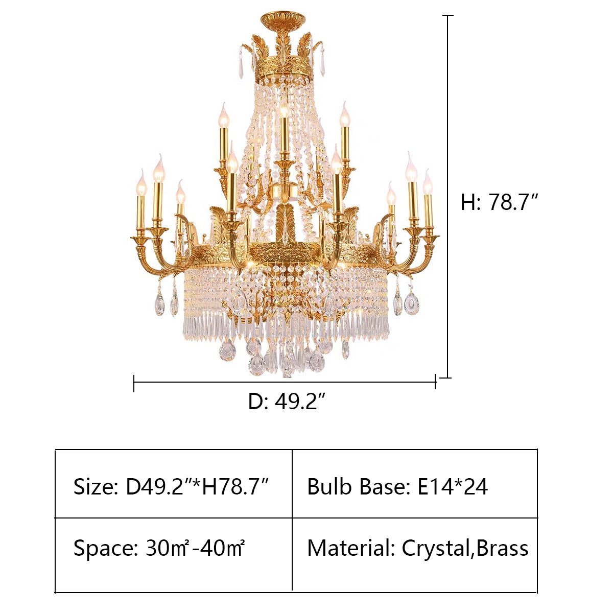Stunning Oversized Luxury Golden Metal Candle Crystal Tassel Chandelier For High - ceiling Staircase/Entryway/Living/Meeting Room - 3 Layers: D 49.2" * H 78.7"Warm Lightcasivra