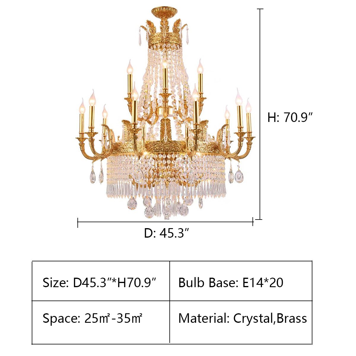 Stunning Oversized Luxury Golden Metal Candle Crystal Tassel Chandelier For High - ceiling Staircase/Entryway/Living/Meeting Room - 3 Layers: D 45.3" * H 70.9"Warm Lightcasivra
