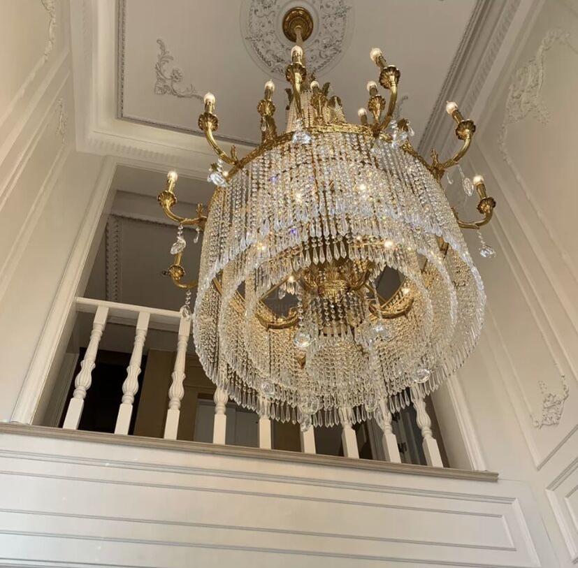 Stunning Oversized Luxury Golden Metal Candle Crystal Tassel Chandelier For High - ceiling Staircase/Entryway/Living/Meeting Room - 1 Layer: D 39.4"*H 39.4"Warm Lightcasivra