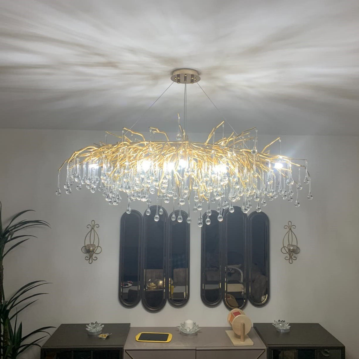 Stunning Tree Branch Crystal Chandelier with Clear Teardrop - shaped for Living/Dining Room - Round D25.6”*H15.8”/8 LightsChromeWarm Lightcasivra
