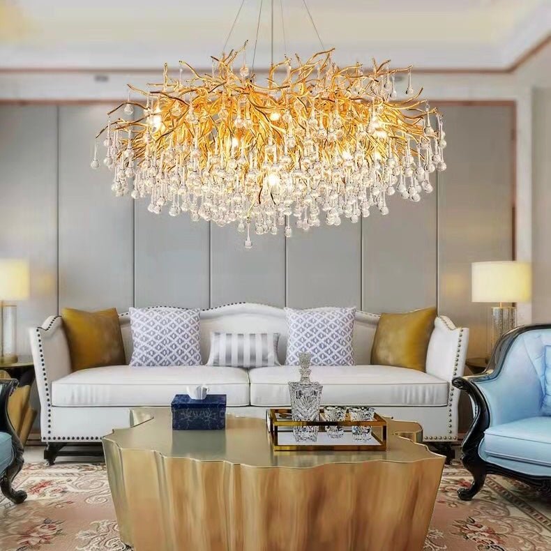 Stunning Tree Branch Crystal Chandelier with Clear Teardrop - shaped for Living/Dining Room - Round D25.6”*H15.8”/8 LightsGoldWarm Lightcasivra