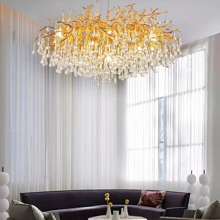 Stunning Tree Branch Crystal Chandelier with Clear Teardrop - shaped for Living/Dining Room - Round D31.5”*H21.7”/10 LightsGoldWarm Lightcasivra