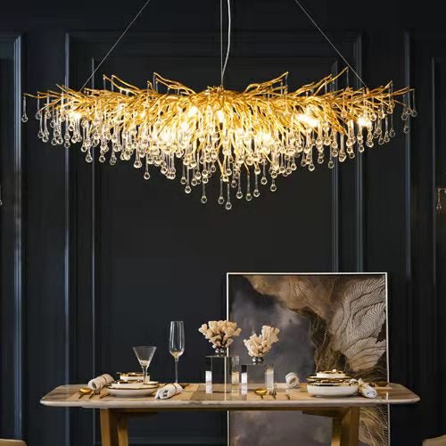 Stunning Tree Branch Crystal Chandelier with Clear Teardrop - shaped for Living/Dining Room - Round D25.6”*H15.8”/8 LightsGoldWarm Lightcasivra