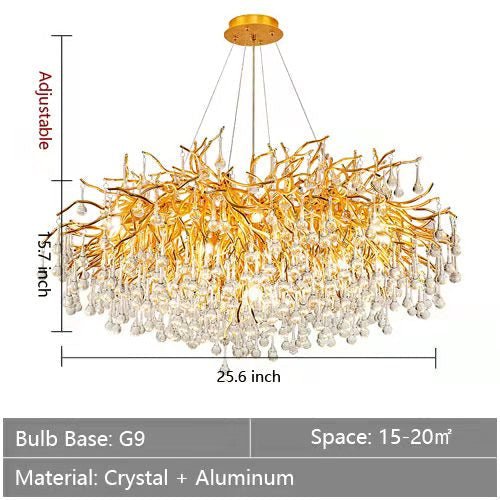 Stunning Tree Branch Crystal Chandelier with Clear Teardrop - shaped for Living/Dining Room - Round D25.6”*H15.8”/8 LightsGoldWhite Lightcasivra