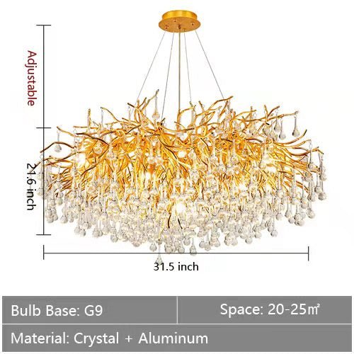 Stunning Tree Branch Crystal Chandelier with Clear Teardrop - shaped for Living/Dining Room - Round D31.5”*H21.7”/10 LightsGoldWhite Lightcasivra