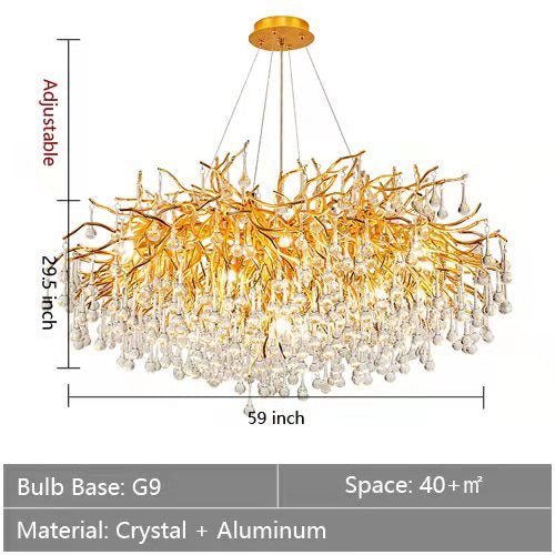 Stunning Tree Branch Crystal Chandelier with Clear Teardrop - shaped for Living/Dining Room - Round D59.1”*H29.5”/24 LightsGoldWarm Lightcasivra