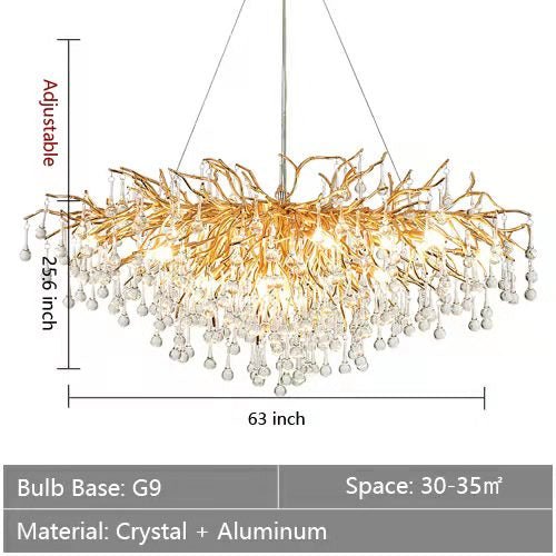 Stunning Tree Branch Crystal Chandelier with Clear Teardrop - shaped for Living/Dining Room - Rectangle L63”*W25.6”*H25.6”/15 LightsGoldWarm Lightcasivra