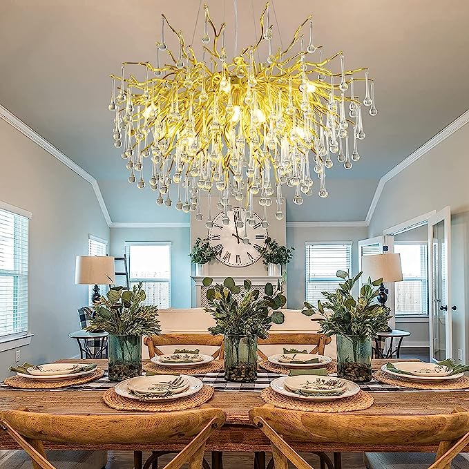 Stunning Tree Branch Crystal Chandelier with Clear Teardrop - shaped for Living/Dining Room - Round D25.6”*H15.8”/8 LightsChromeWarm Lightcasivra
