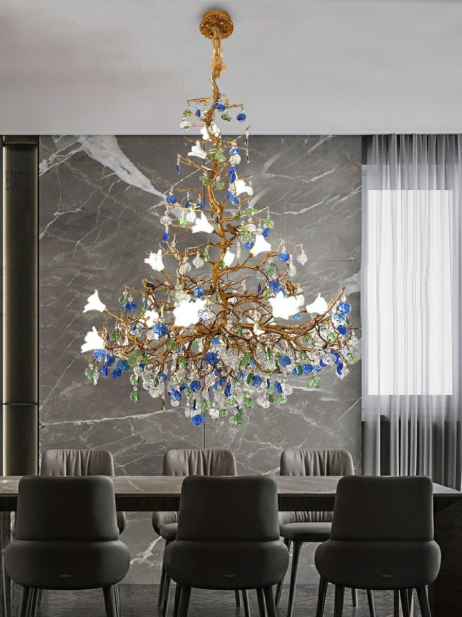 Stylish Colored Glaze Flower Crystal Chandelier Brass Tree Branch Ceiling Light For Living Room Hotel Hall - D35.4"*H43.3"/51kgWarm Lightcasivra