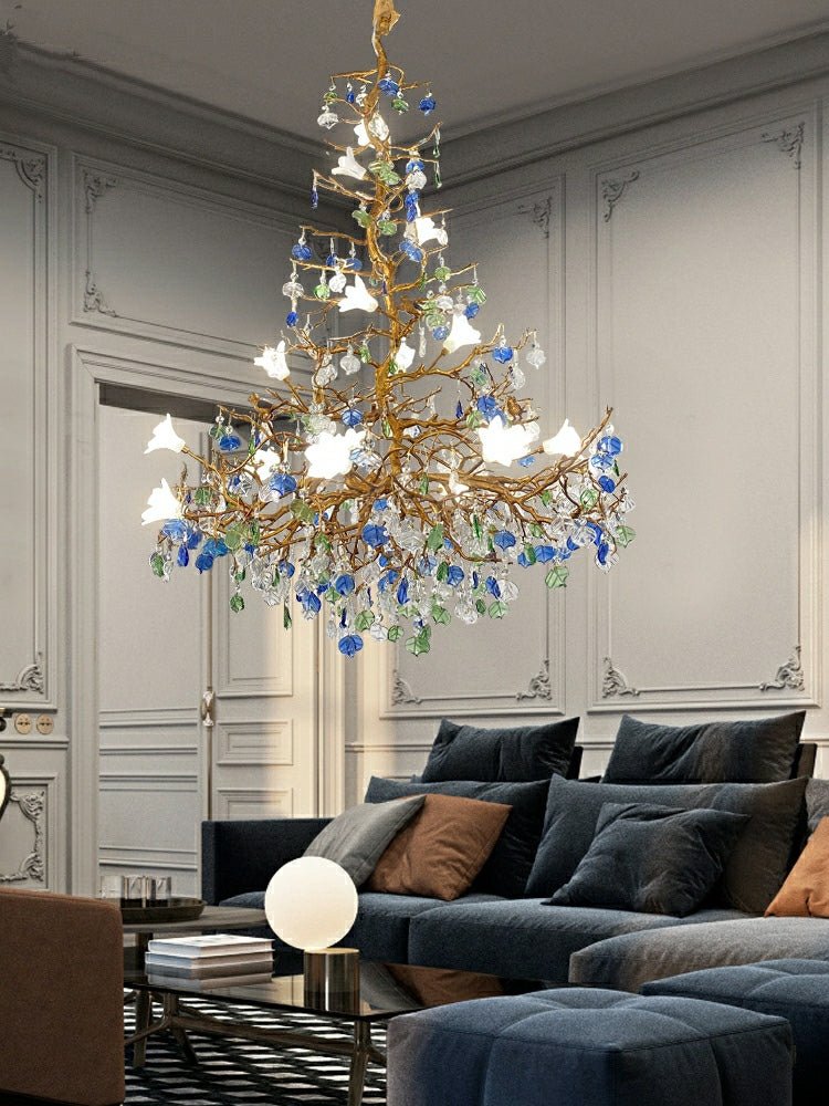 Stylish Colored Glaze Flower Crystal Chandelier Brass Tree Branch Ceiling Light For Living Room Hotel Hall - D35.4"*H43.3"/51kgWarm Lightcasivra
