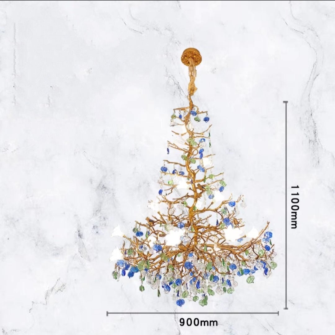 Stylish Colored Glaze Flower Crystal Chandelier Brass Tree Branch Ceiling Light For Living Room Hotel Hall - D35.4"*H43.3"/51kgWarm Lightcasivra