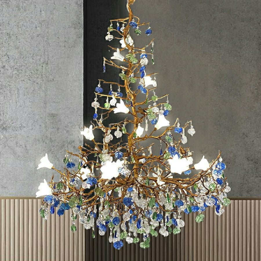 Stylish Colored Glaze Flower Crystal Chandelier Brass Tree Branch Ceiling Light For Living Room Hotel Hall - D35.4"*H43.3"/51kgWarm Lightcasivra