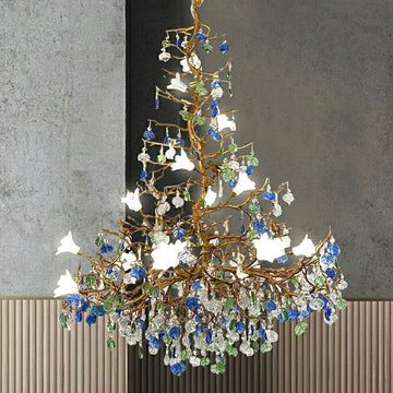 Stylish Colored Glaze Flower Crystal Chandelier Brass Tree Branch Ceiling Light For Living Room Hotel Hall - D35.4"*H43.3"/51kgWarm Lightcasivra