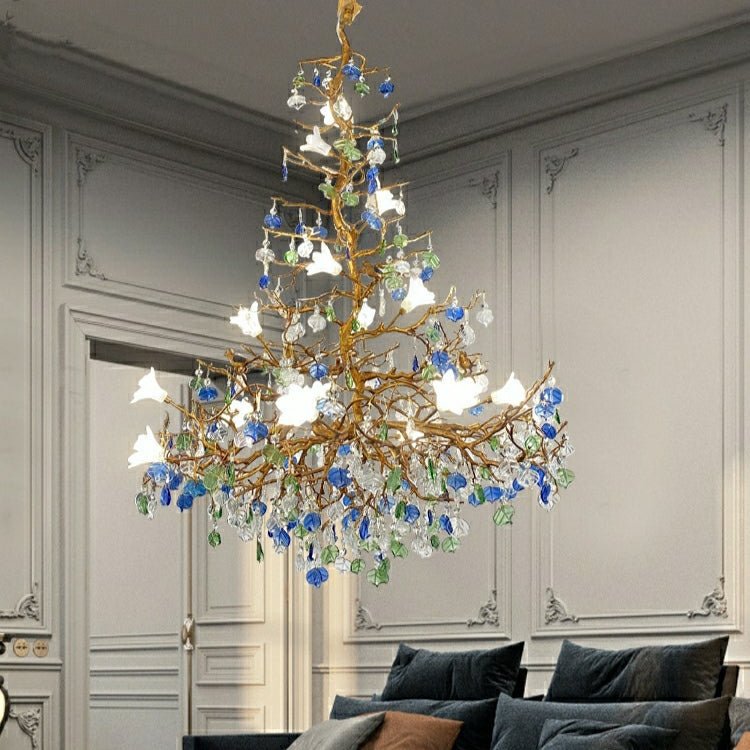 Stylish Colored Glaze Flower Crystal Chandelier Brass Tree Branch Ceiling Light For Living Room Hotel Hall - D35.4"*H43.3"/51kgWarm Lightcasivra