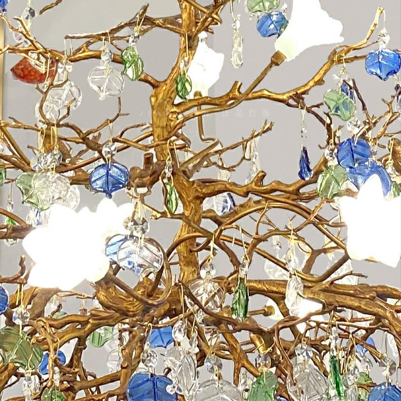 Stylish Colored Glaze Flower Crystal Chandelier Brass Tree Branch Ceiling Light For Living Room Hotel Hall - D35.4"*H43.3"/51kgWarm Lightcasivra