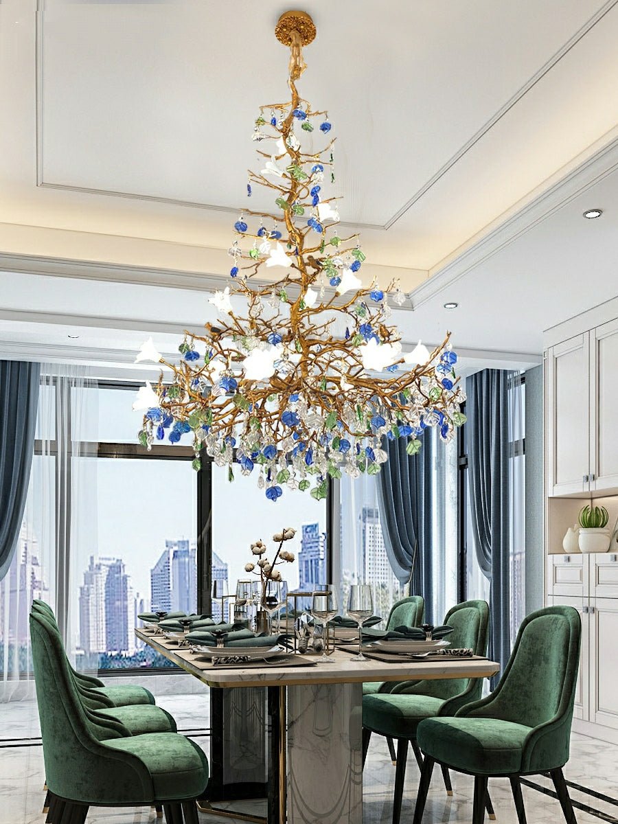 Stylish Colored Glaze Flower Crystal Chandelier Brass Tree Branch Ceiling Light For Living Room Hotel Hall - D35.4"*H43.3"/51kgWarm Lightcasivra