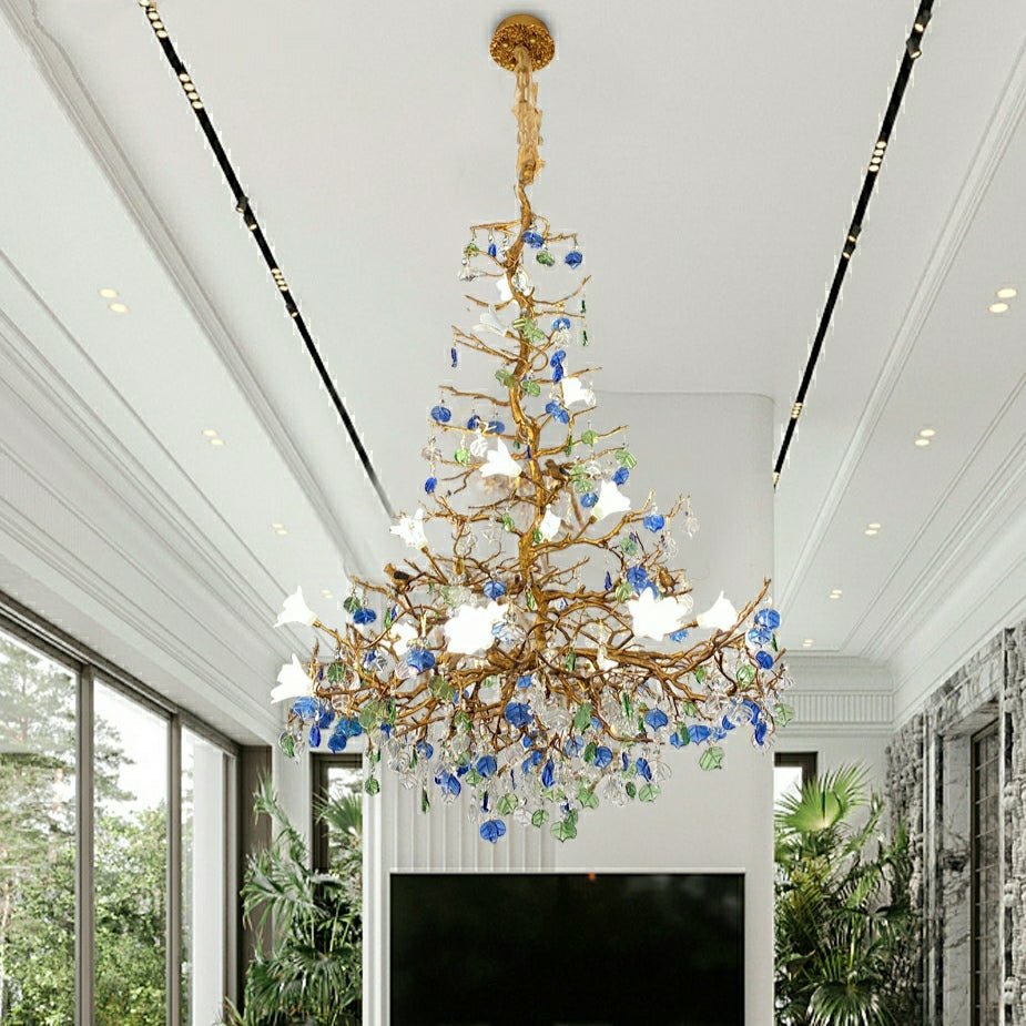 Stylish Colored Glaze Flower Crystal Chandelier Brass Tree Branch Ceiling Light For Living Room Hotel Hall - D35.4"*H43.3"/51kgWarm Lightcasivra