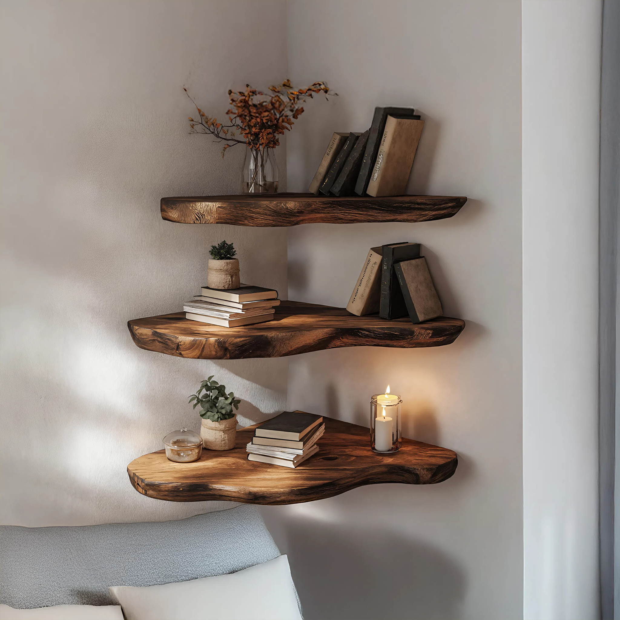 Farmhouse Solid Wood Corner Shelf For Bedroom Decor And Storage