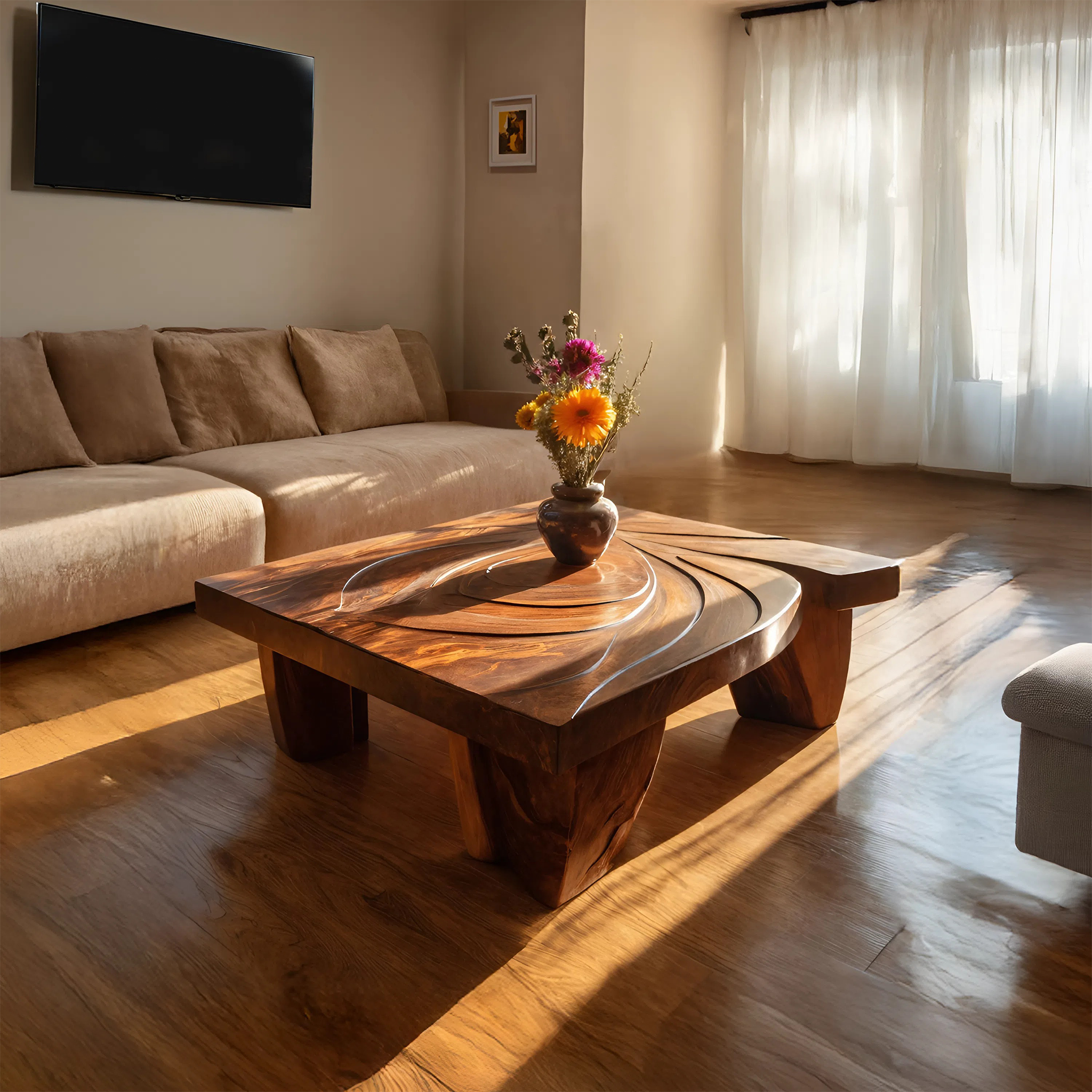 Mid Century Abstract Solid Wood Coffee Table For Living Room