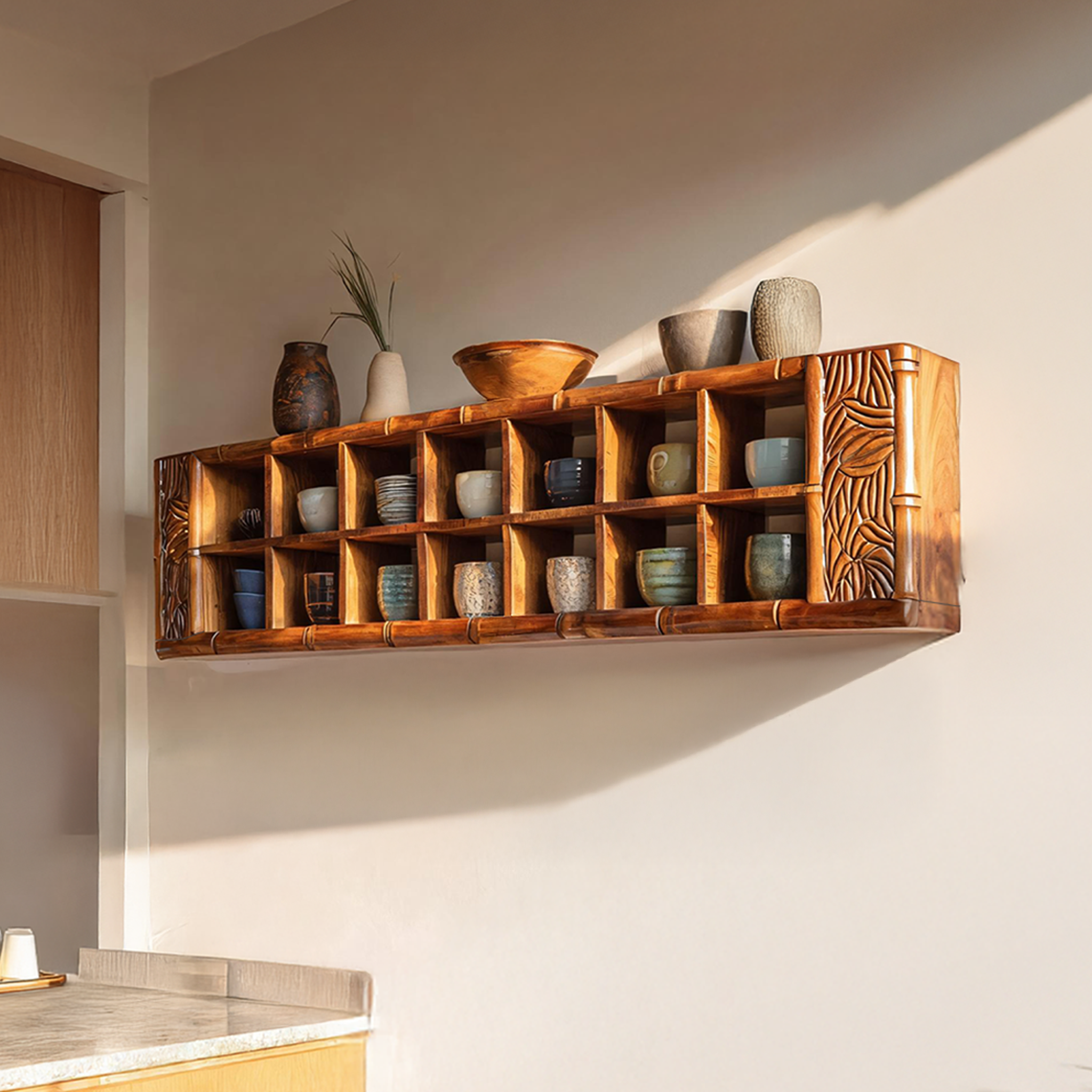 Minimalist Wooden Shelf With Hooks For Pantry Organization
