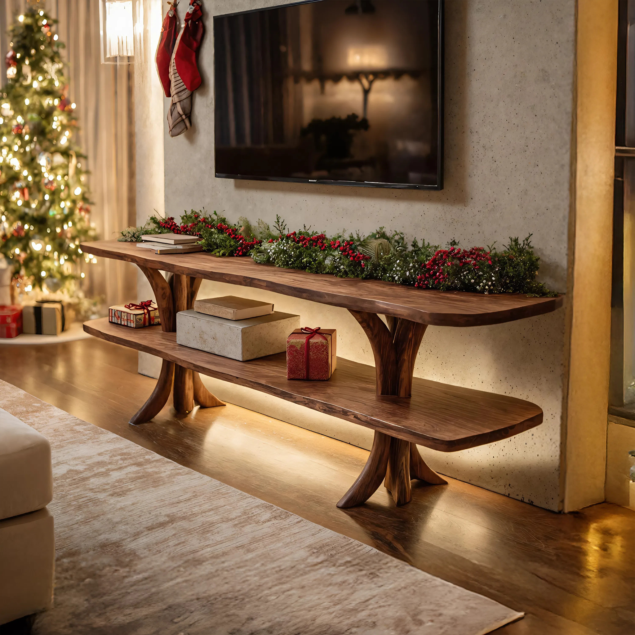 Mid Century Wooden Live Edge TV Console For Christmas Living Room Decor