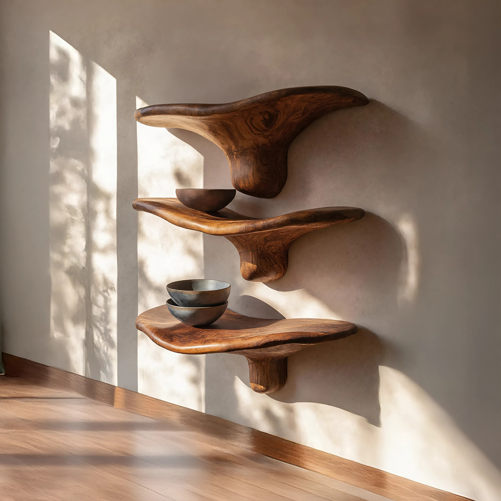 Modern Wooden Live Edge Mushroom Shelf For Minimalist Interior Decor
