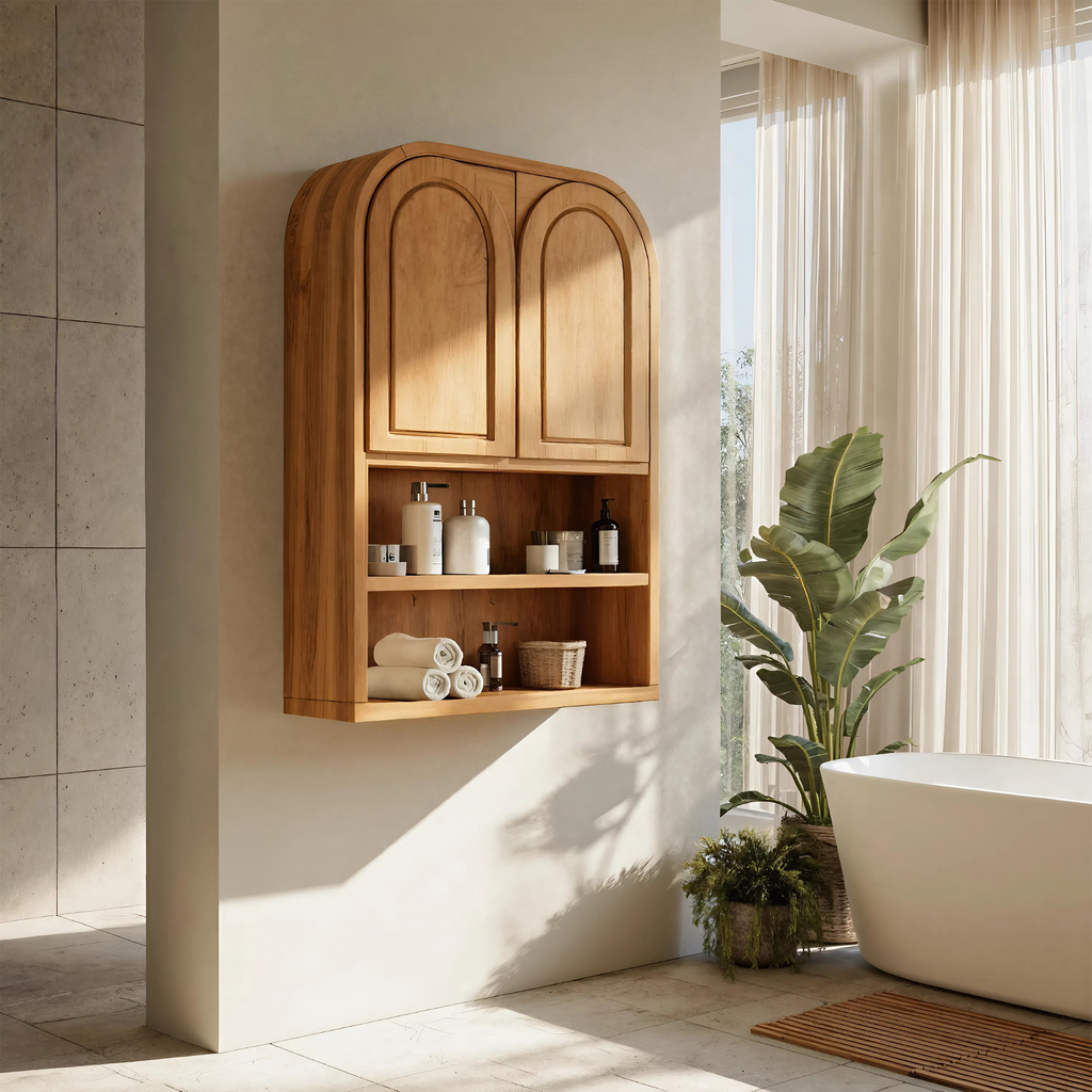 Double Arched Wall Cabinet With Open Shelves For Bathroom