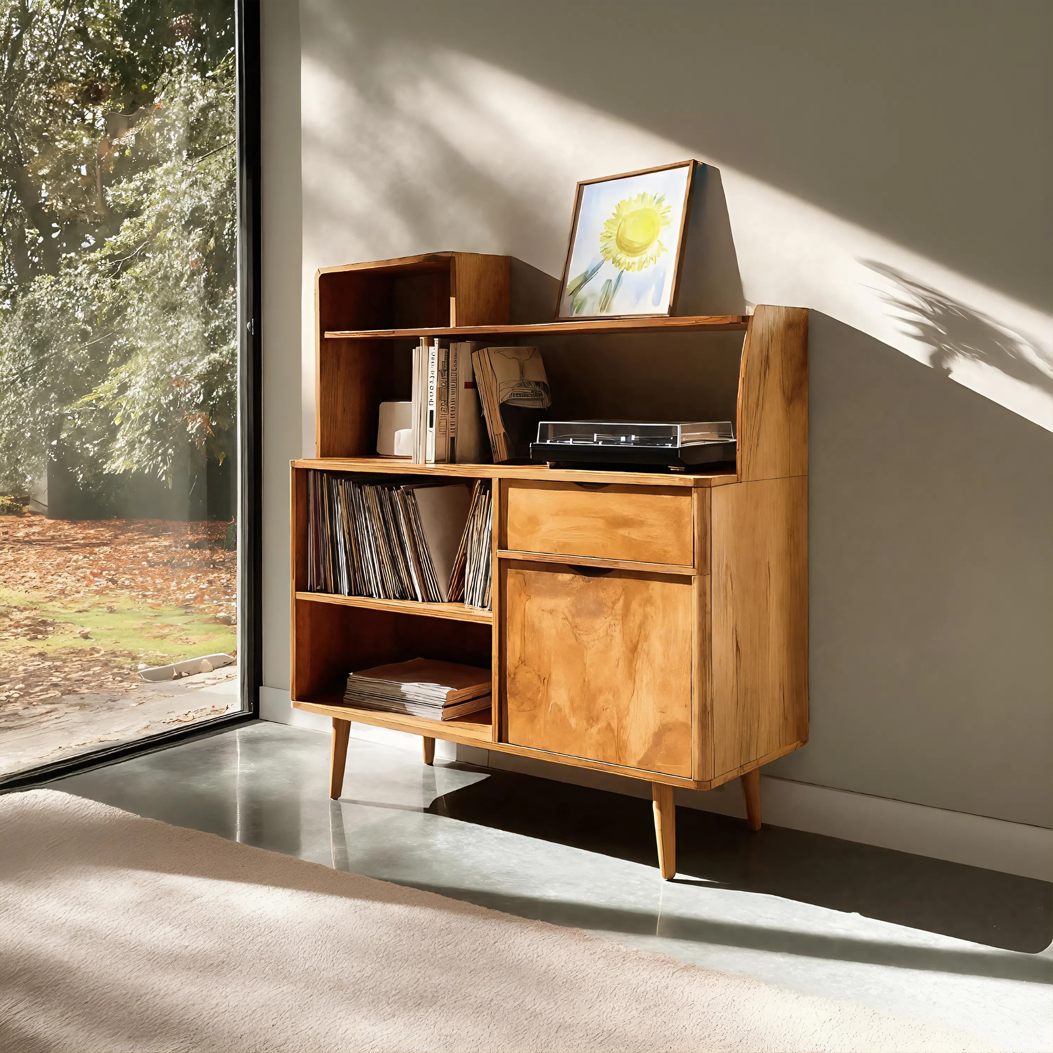 Modern Vinyl Record Cabinet With Drawers For Living
