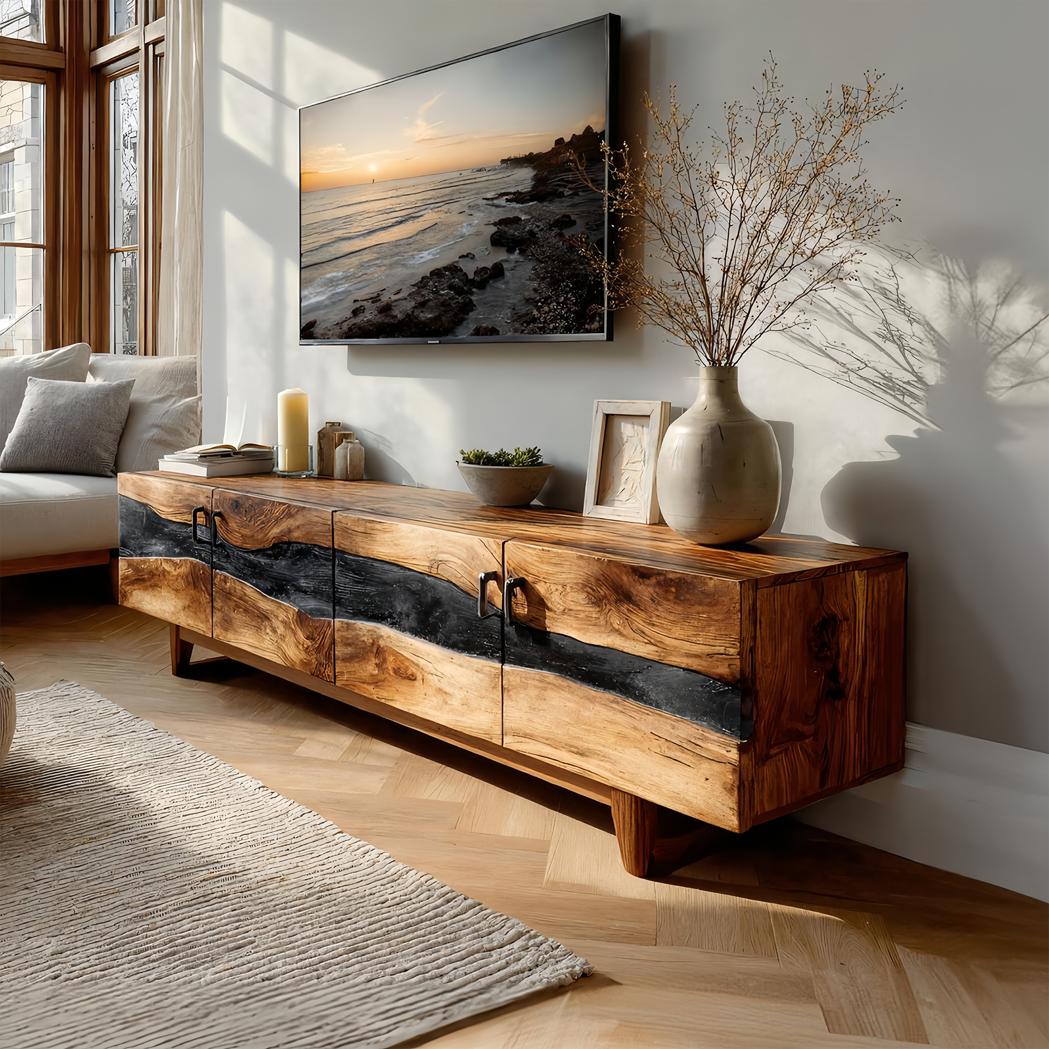 Mid Century Rustic Wooden TV Stand For Living Room