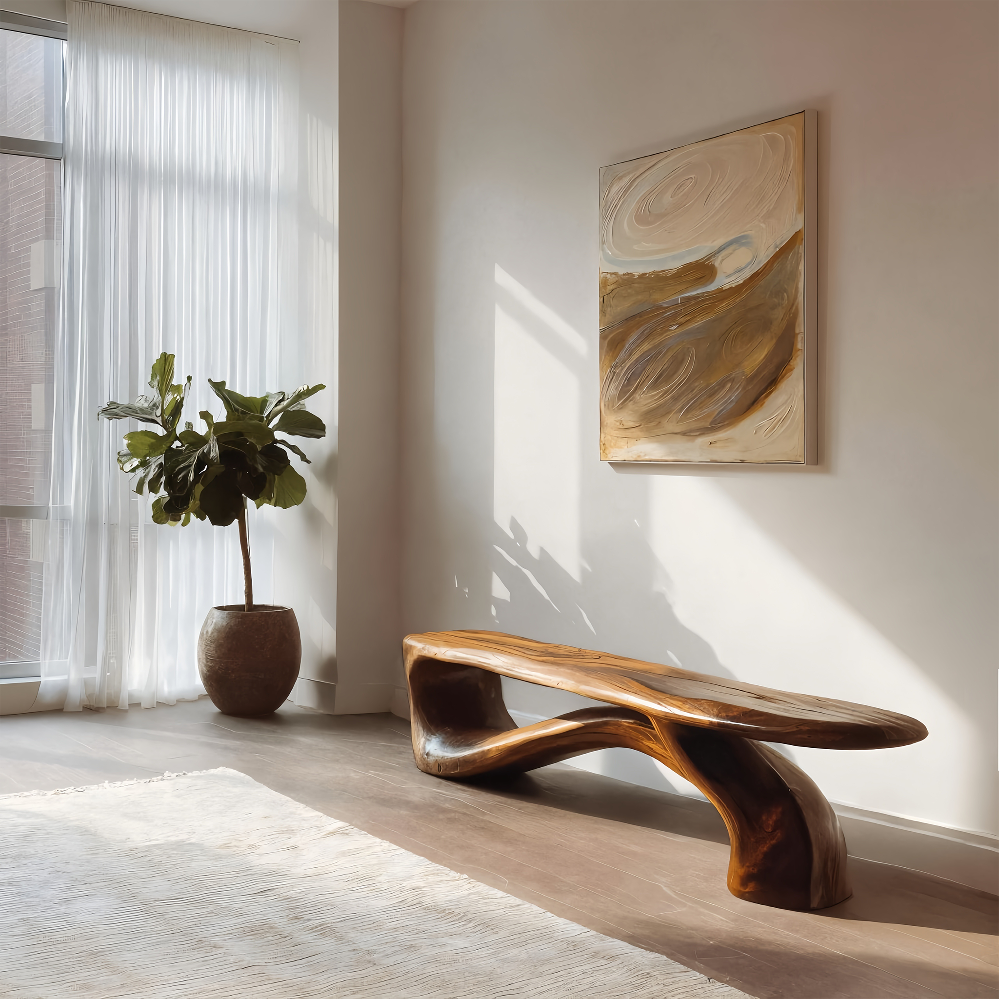Handcrafted Organic Form Bench For Entryway