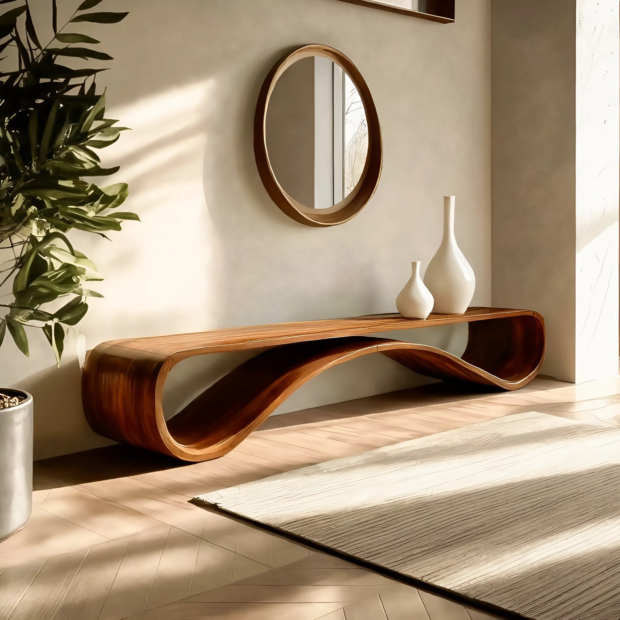 Contemporary Sleek Curved Bench For Entryway Or Home Decor