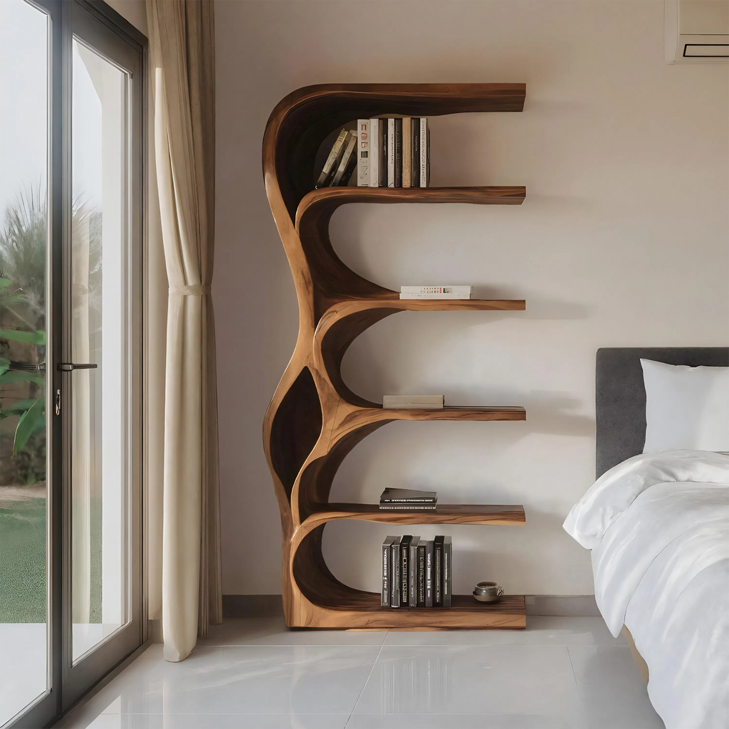 Organic Bookshelf With Curved Open Shelving For Bedroom Decor