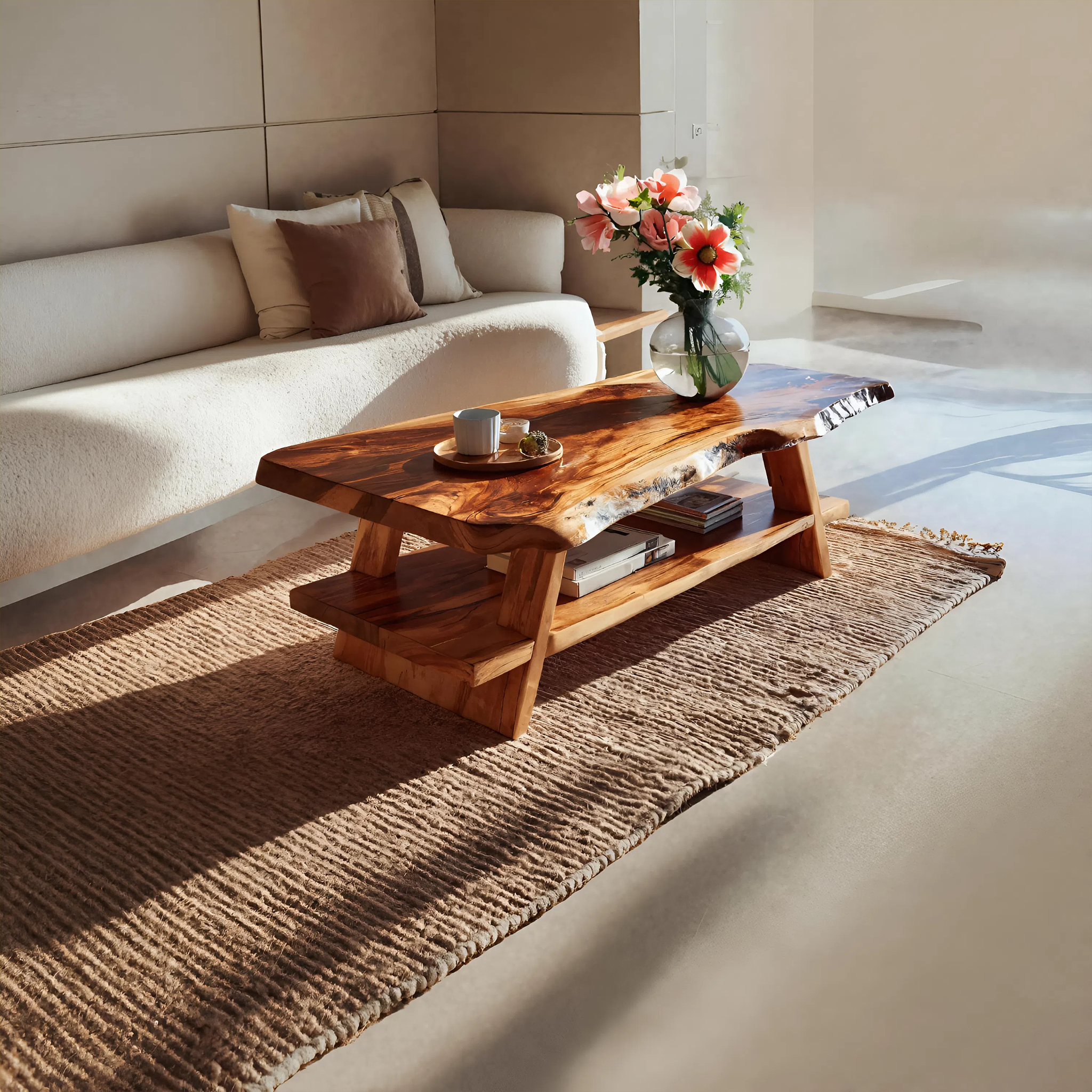 Handcrafted Coffee Table Live Edge And Lower Shelf For Living