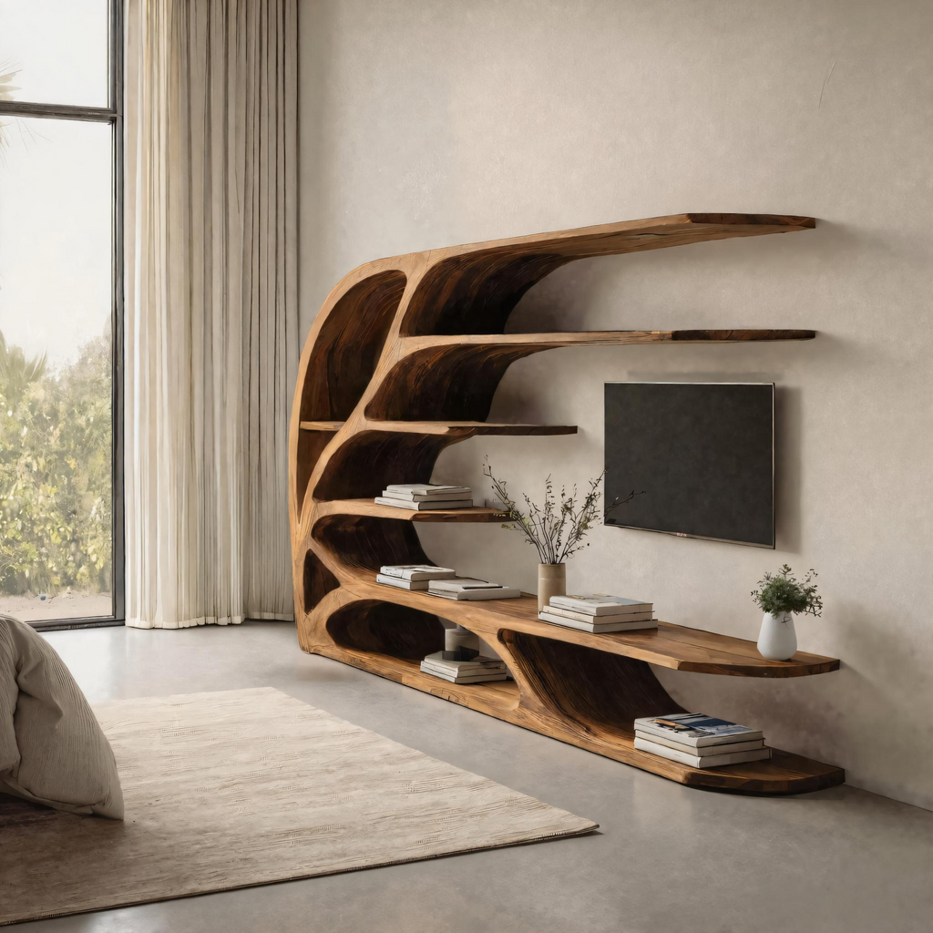 Modern Sculptural Wavy Carved Media Console For Living Room