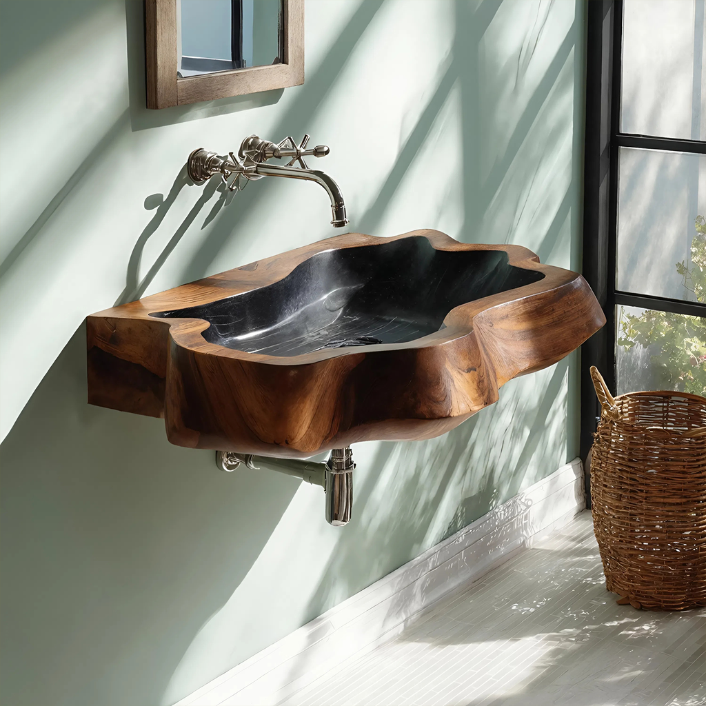 Farmhouse Wall Mounted Wooden Bathroom Sink For Classic Bathroom Design
