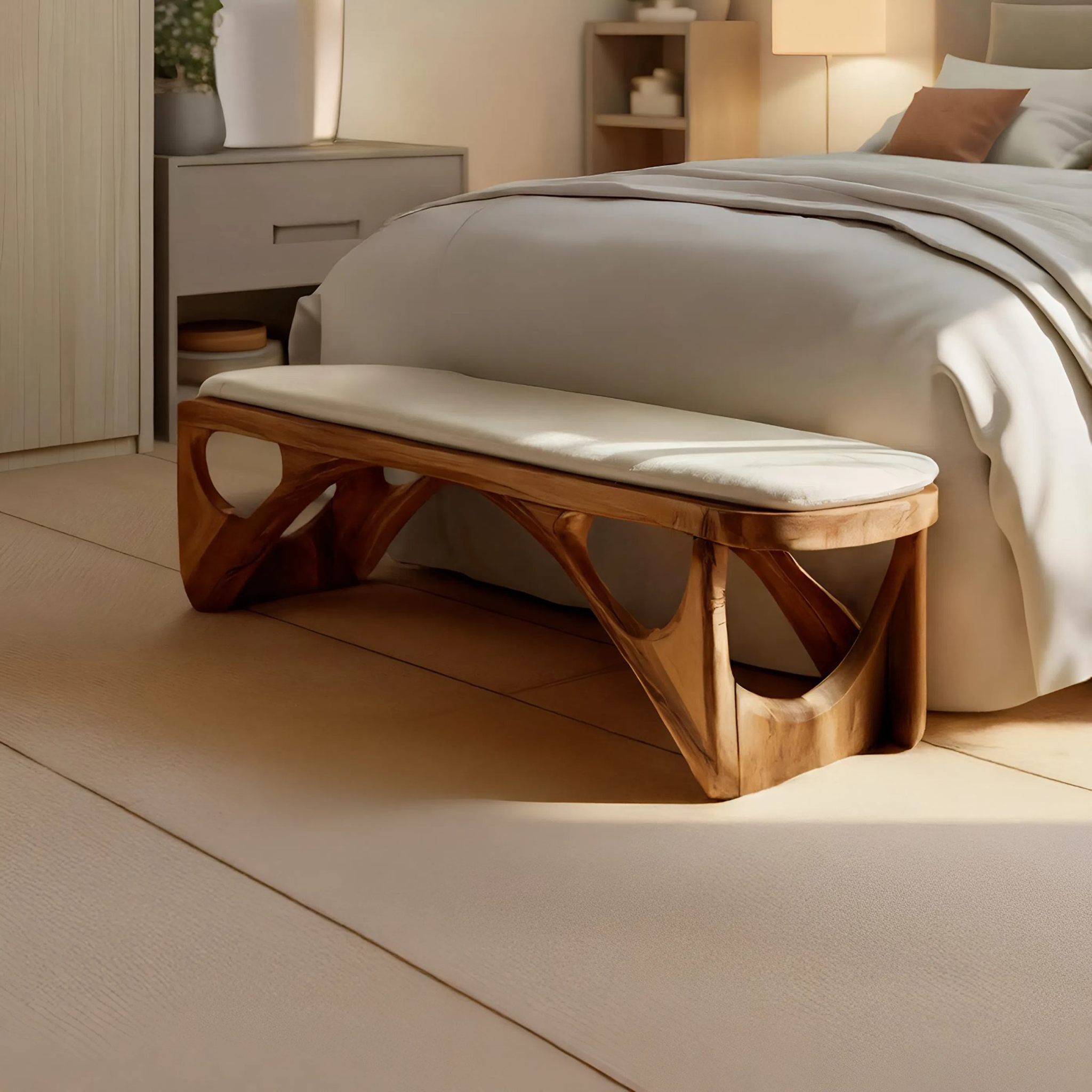 Modern Sculpted Wood Bench For Bedroom Interior Styling