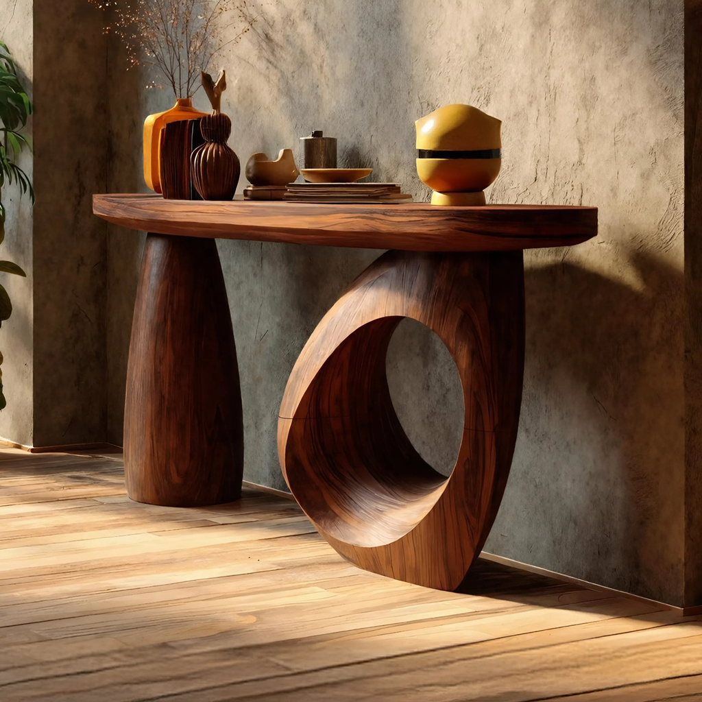 Mid Century Sculptural Live Edge Console Table For Luxury Entryway