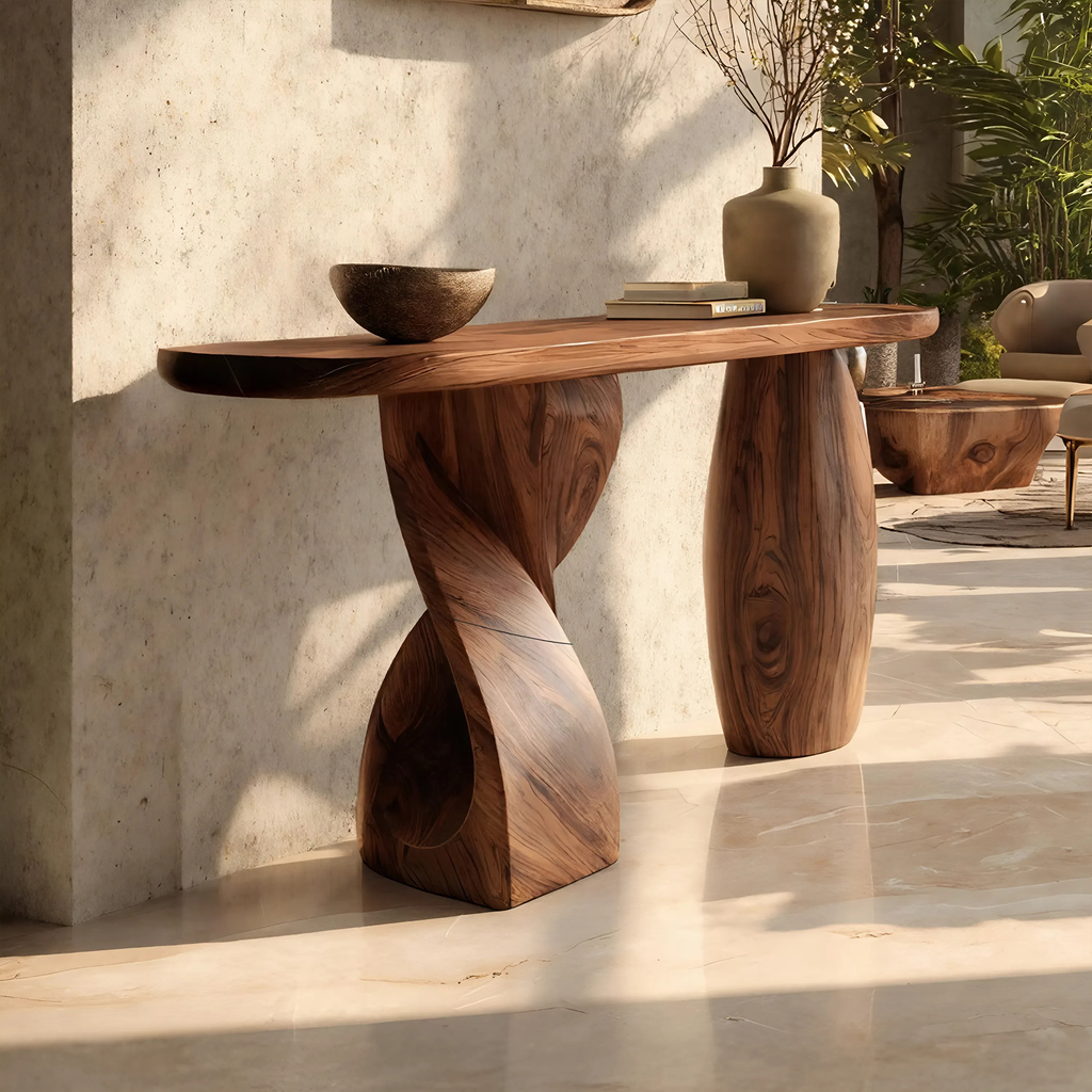 Mid Century Solid Wood Console Table Sculptural Form For Entryway Design