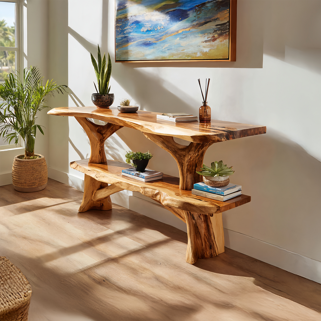 Mid Century Wooden Live Edge Console Table For Apartment Living Room