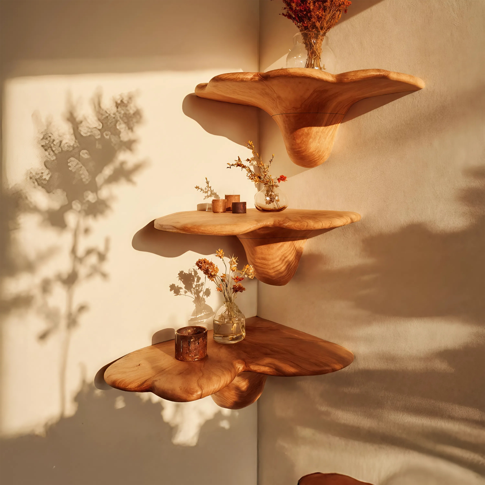 Handcrafted Solid Wood Mushroom Shelf For Bedroom Interior Decor