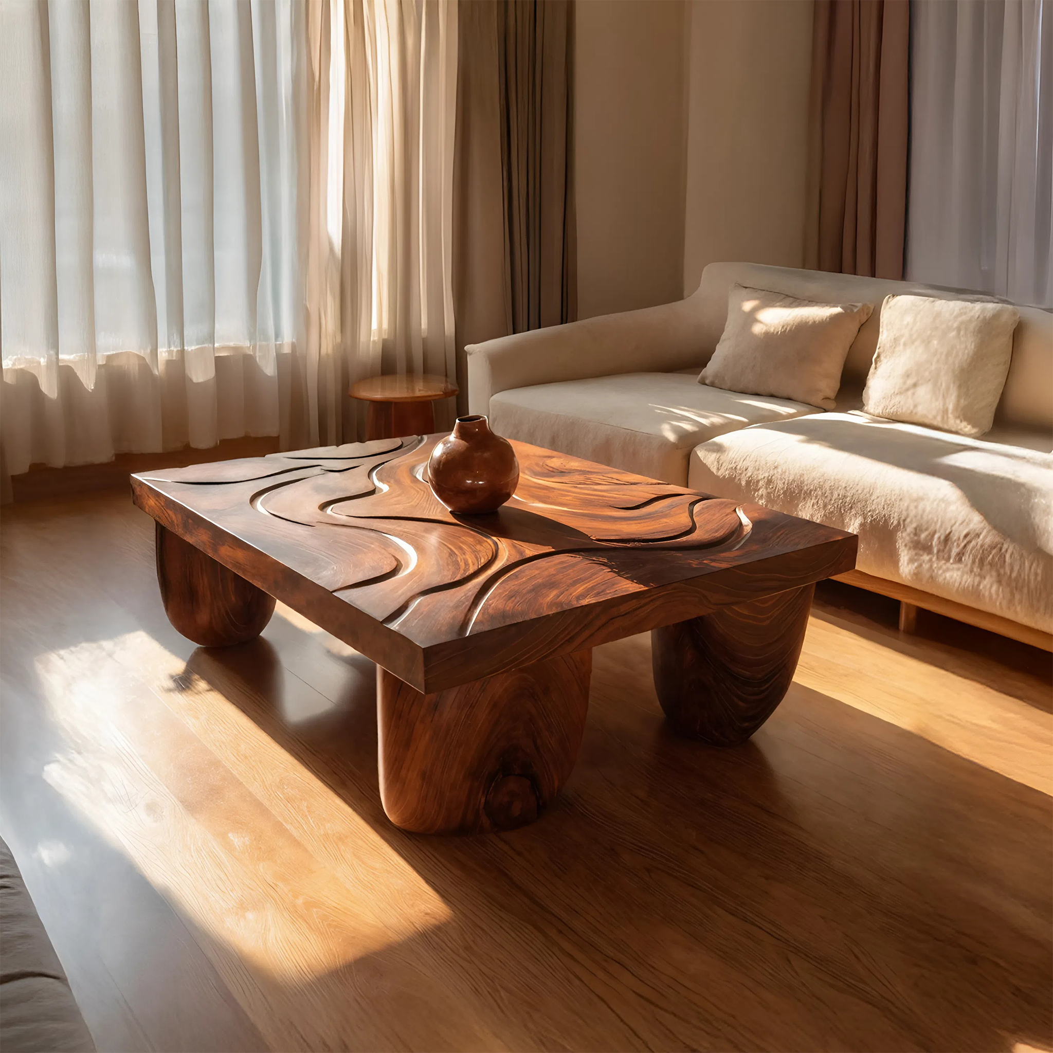 Mid Century Solid Wood Irregular Coffee Table For Entryway
