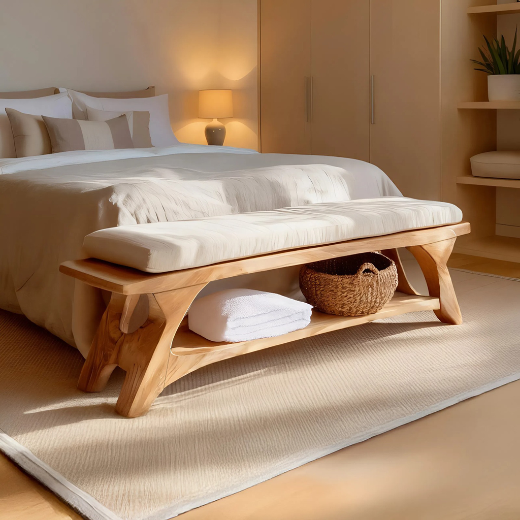 Mid Century Solid Wood Bench For Bedroom Accent