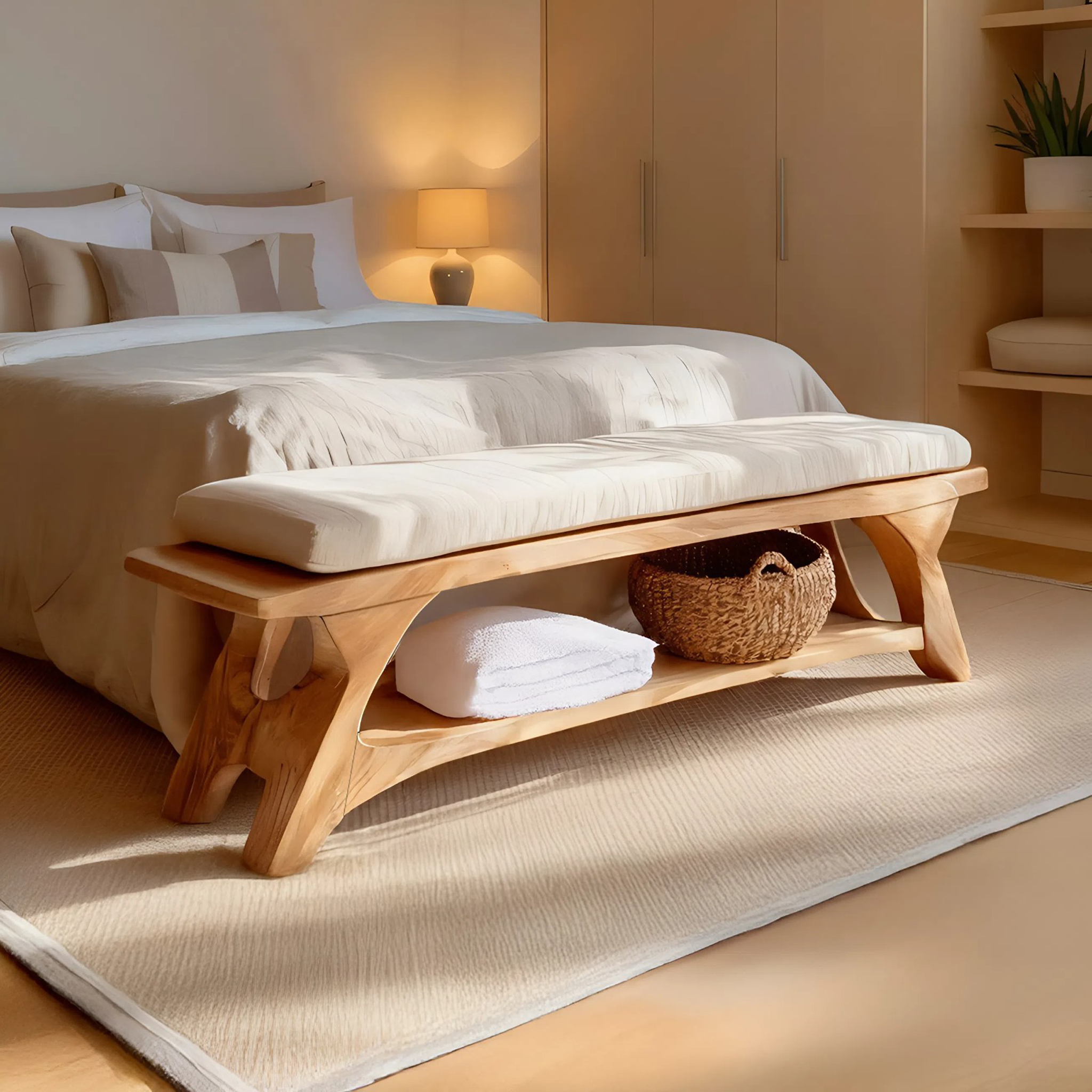 Mid Century Solid Wood Bench For Bedroom Accent