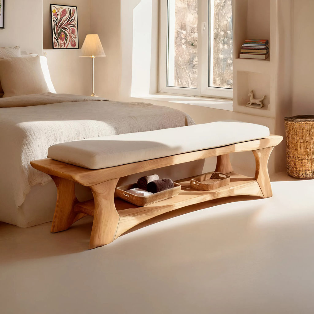 Minimalist Curved Wood Bench For End-of-Bed Design
