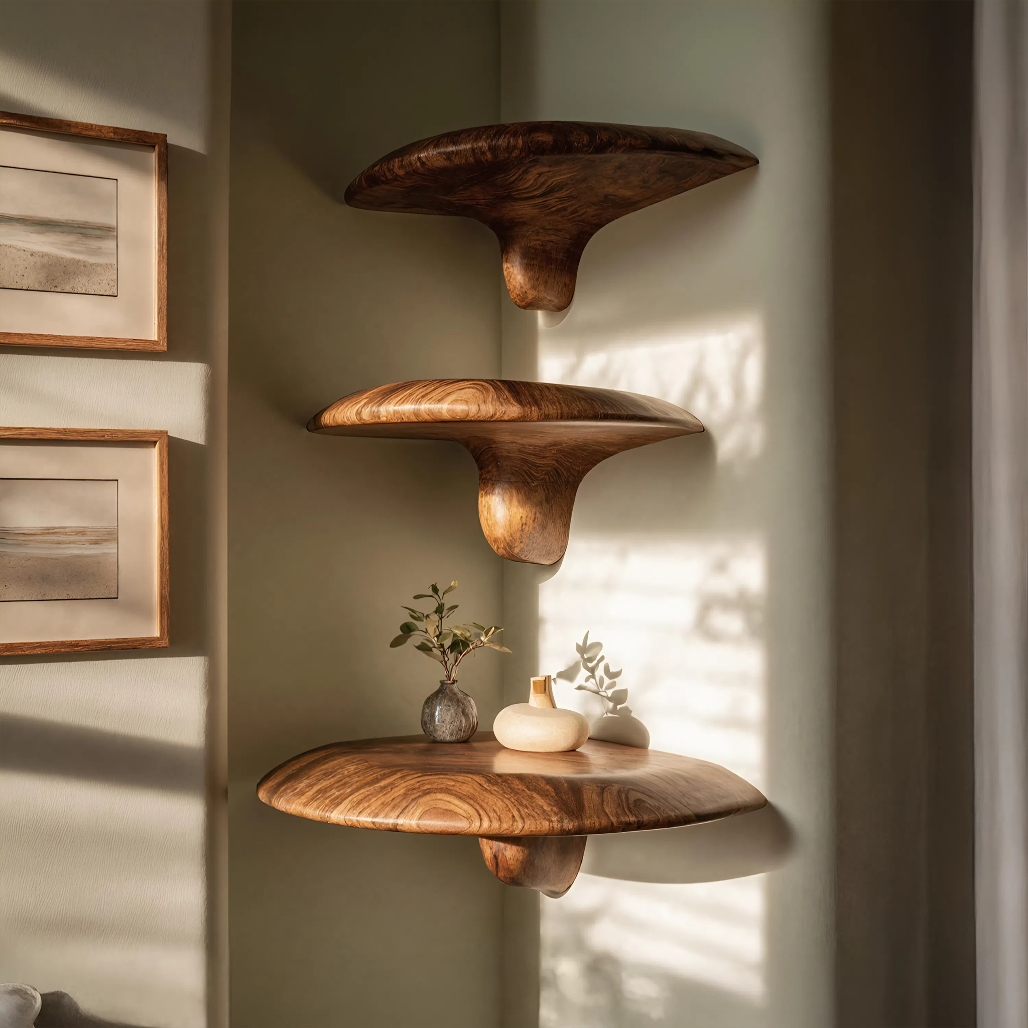 Mid Century Handcrafted Solid Wood Mushroom Shelf For Bedroom Decor