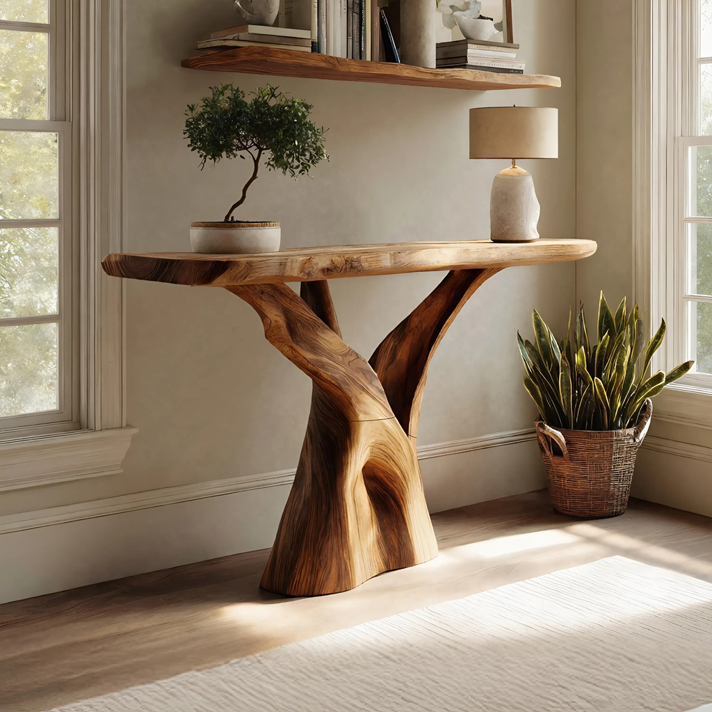 Mid Century Solid Wood Console Table Organic Form For Furniture Decor