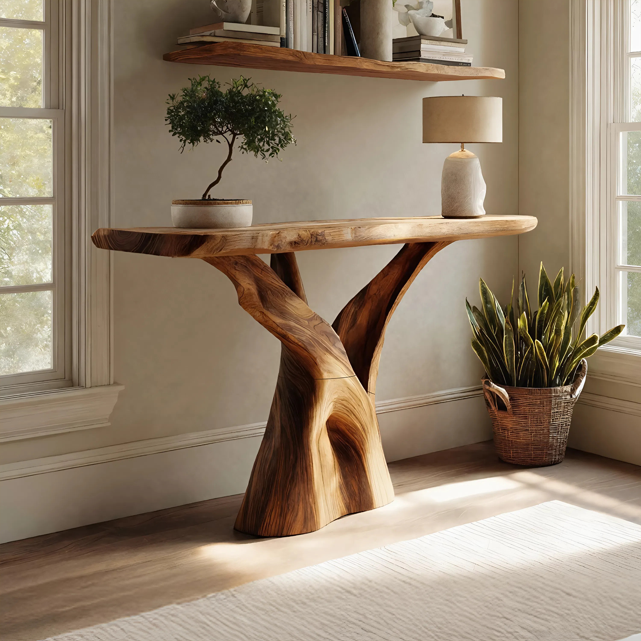 Mid Century Solid Wood Console Table Organic Form For Furniture Decor